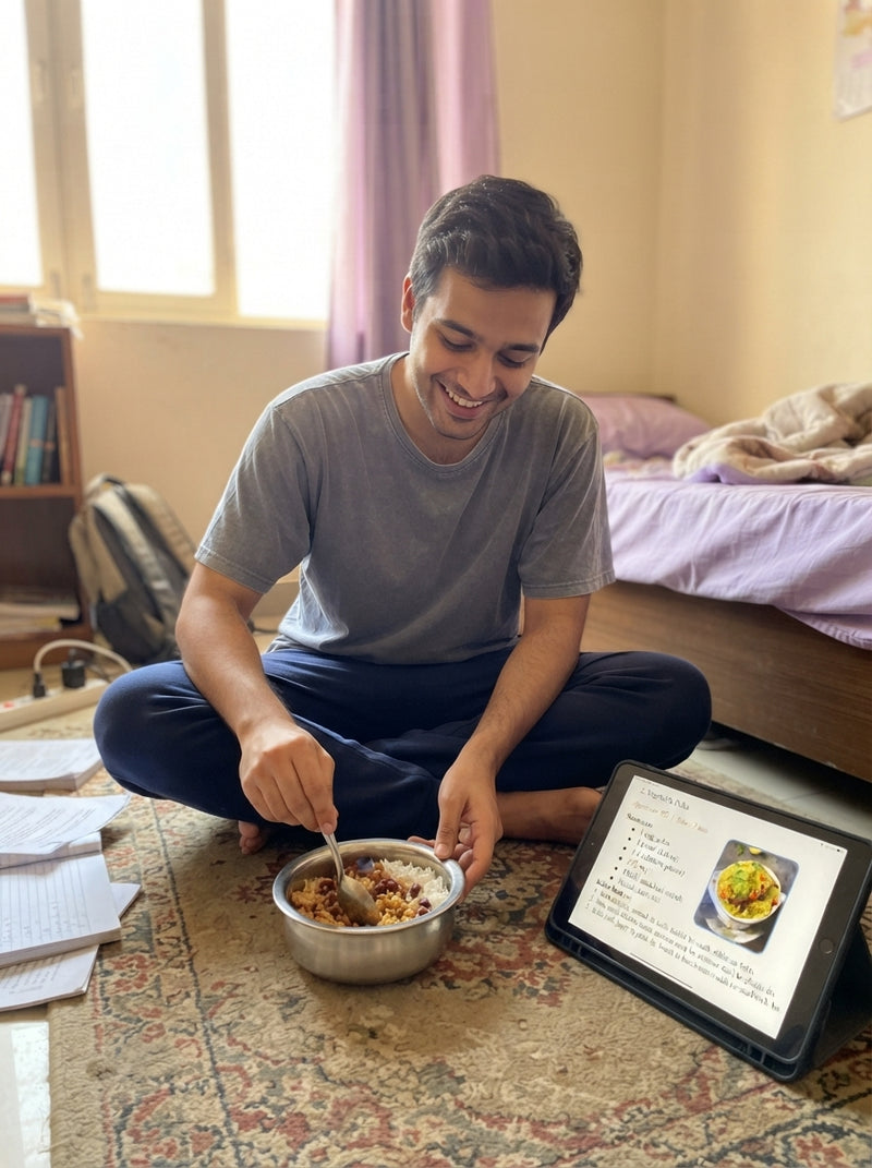 A student eating homemade rajma chawal in a dorm room while looking at a cookbook on a tablet.