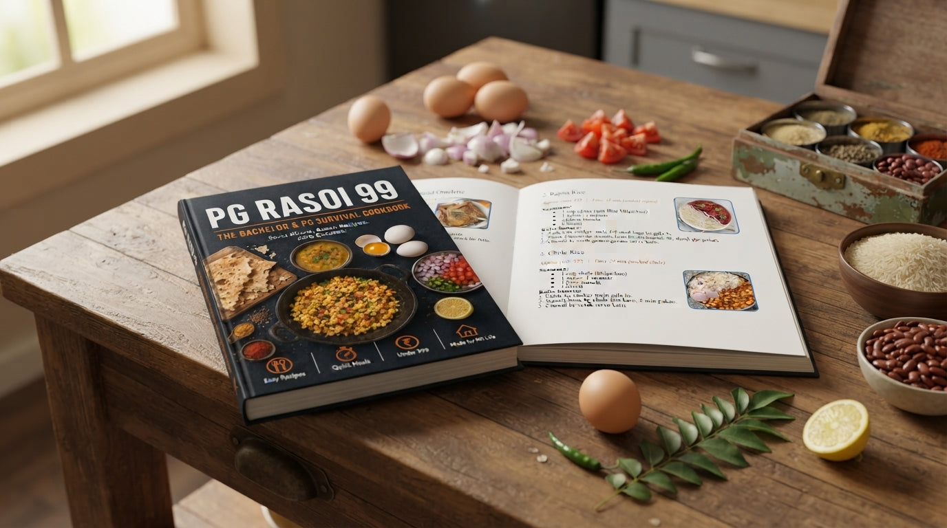 A brightly lit hostel kitchen counter with a cookbook tablet and fresh ingredients, designed with clean negative space.