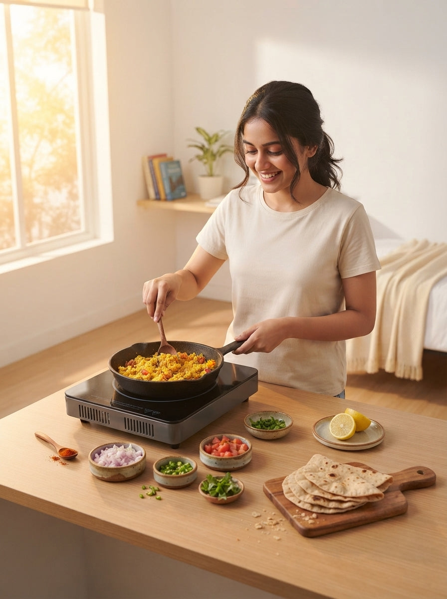 A student cooking a simple meal on an induction stove in a bright, minimalist, and clean hostel room.
